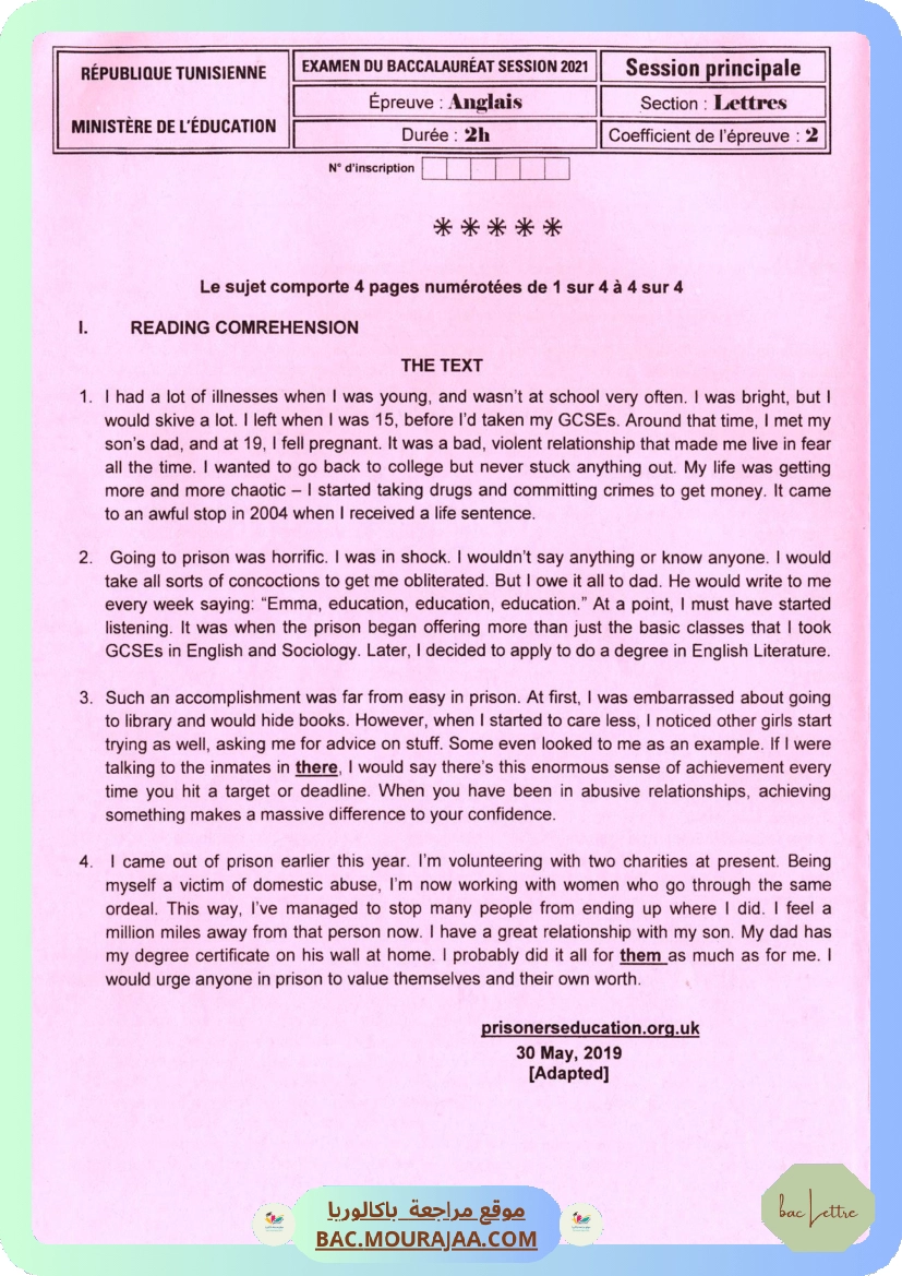 Sujet principale anglais Bac 2021 – Section lettre
